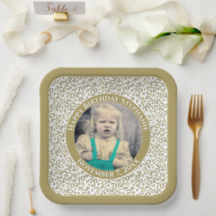 Your Photo 70 Random Number Pattern Gold/White Paper Plate