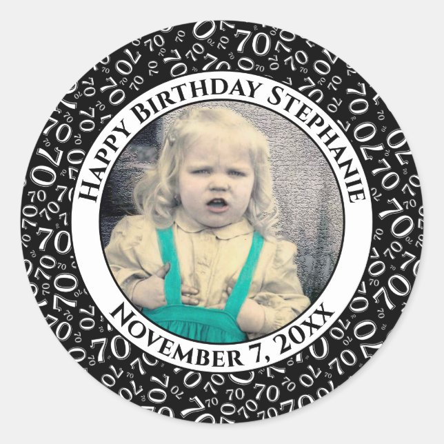 Your Photo 70th Birthday Number | Black/White 70 Classic Round Sticker (Front)