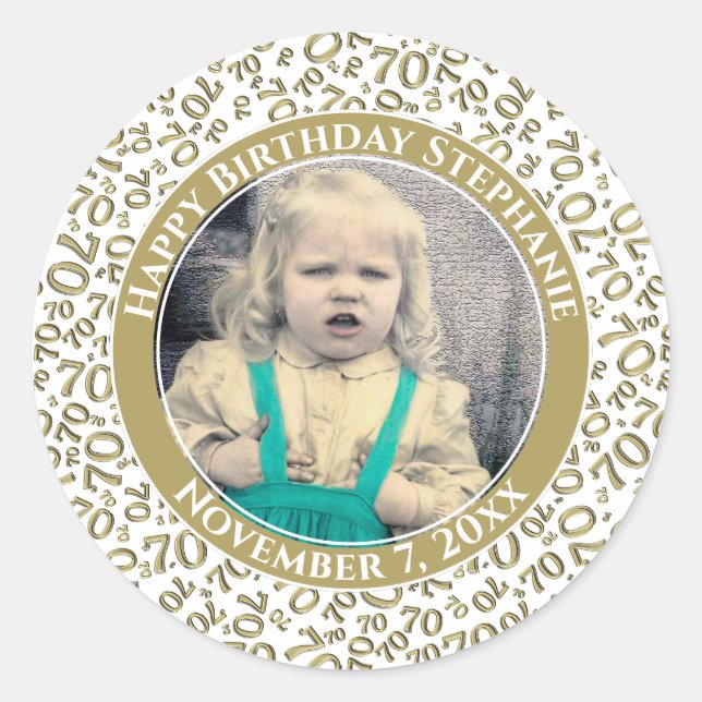 Your Photo 70th Birthday Number | Gold/White 70 Classic Round Sticker (Front)