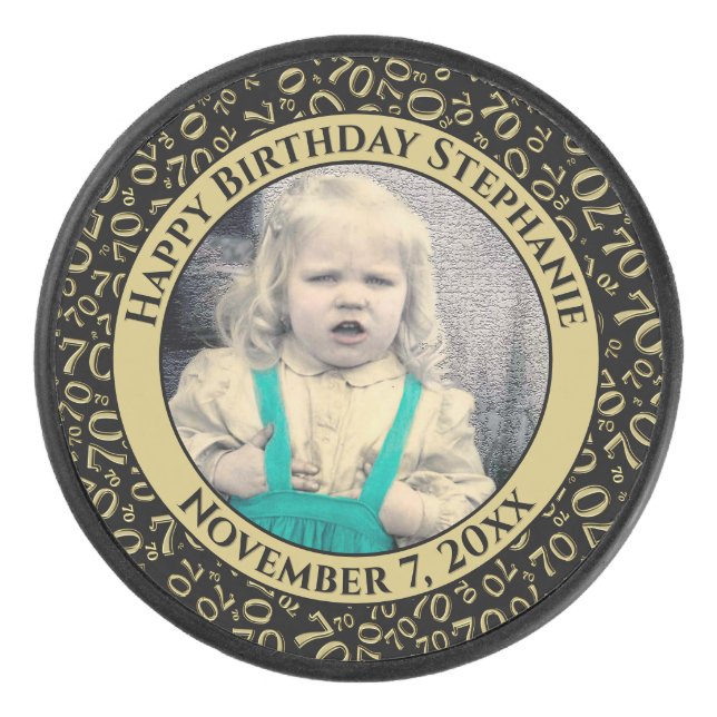 Your Photo 70th Random Number Pattern Black/Gold Hockey Puck (Front)