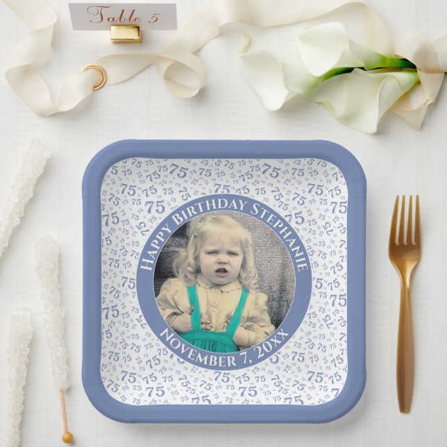 Your Photo 75 Random Number Pattern Blue/White  Paper Plate (Wedding)