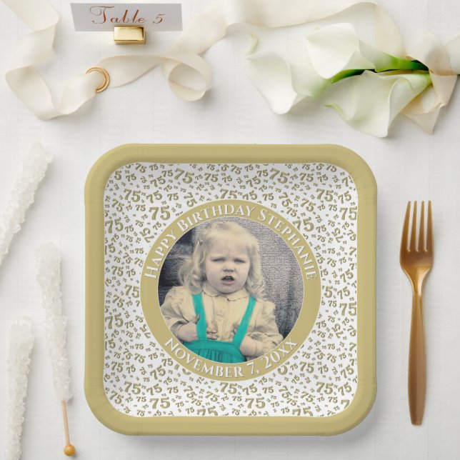 Your Photo 75 Random Number Pattern Gold/White  Paper Plate (Wedding)