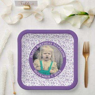 Your Photo 75 Random Number Pattern Purple/White  Paper Plate