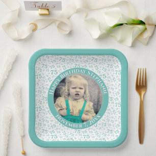 Your Photo 75 Random Number Pattern Teal/White Paper Plate