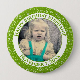 Your Photo 75th Birthday Number Pattern Green 10 Cm Round Badge