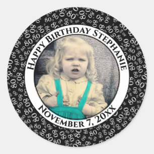 Your Photo 80th Birthday Number Black/White 80 Classic Round Sticker