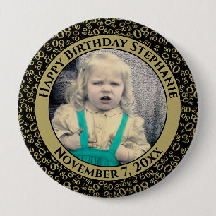 Your Photo 80th Birthday Number Pattern Black/Gold 10 Cm Round Badge