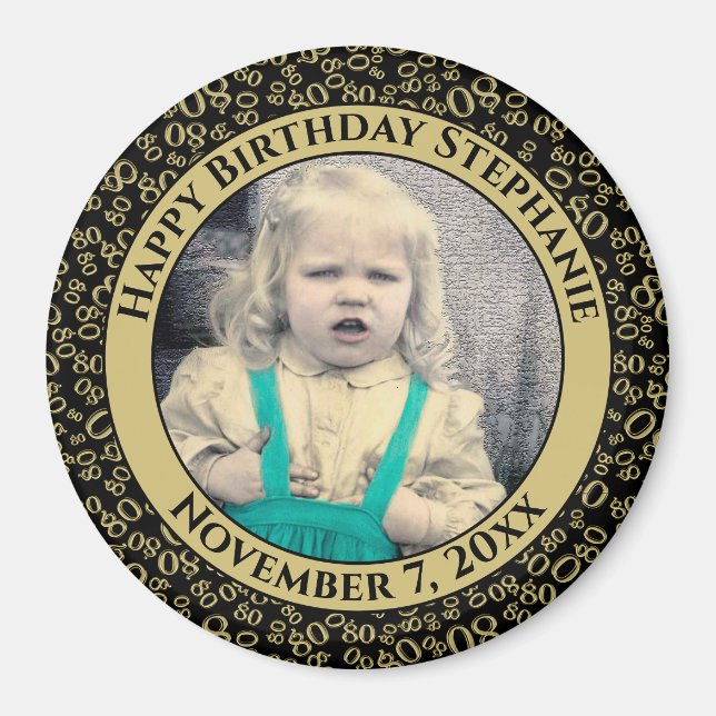 Your Photo 80th Birthday Number Pattern Black/Gold Magnet (Front)