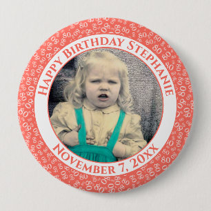 Your Photo 80th Birthday Number Pattern   Coral 10 Cm Round Badge