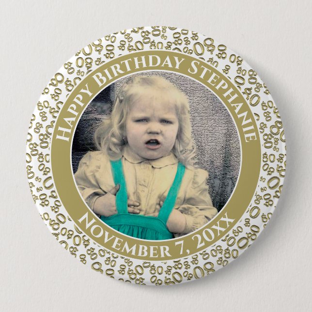 Your Photo 80th Birthday Number Pattern Gold/White 10 Cm Round Badge (Front)