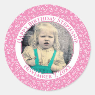 Your Photo 80th Birthday Number   Pink/White 80 Classic Round Sticker