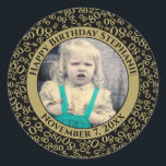 Your Photo 80th Random Number Pattern| Black/Gold Classic Round Sticker<br><div class="desc">This is a commemorative design with your photo and text for celebrating your 80th Birthday. There is a text template to make it easy to personalise the message and date. There is also a photo template to make it easy to add your image. This black-and-gold picture frame is a random...</div>