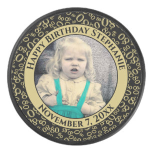 Your Photo 80th Random Number Pattern Black/Gold Hockey Puck