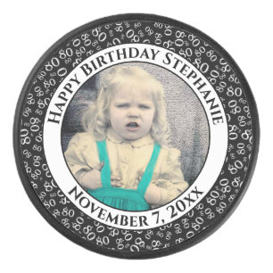 Your Photo 80th Random Number Pattern Black/White Hockey Puck