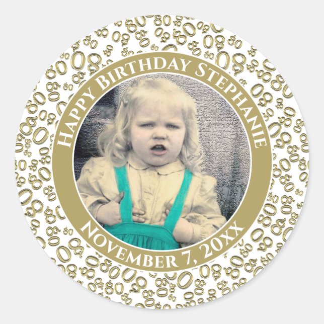 Your Photo 80th Random Number Pattern| Gold/White Classic Round Sticker (Front)