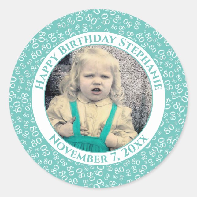 Your Photo 80th Random Number Pattern| Teal/White Classic Round Sticker (Front)