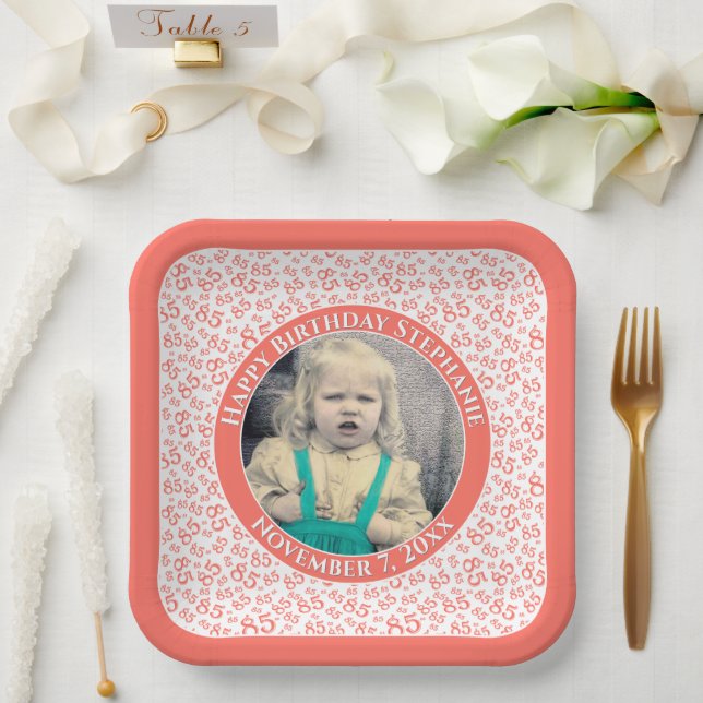Your Photo 85 Random Number Pattern Coral/White  Paper Plate (Wedding)