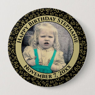 Your Photo 85th Birthday Number Pattern Black/Gold 10 Cm Round Badge