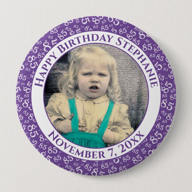 Your Photo 85th Birthday Number Pattern | Purple 10 Cm Round Badge (Front)