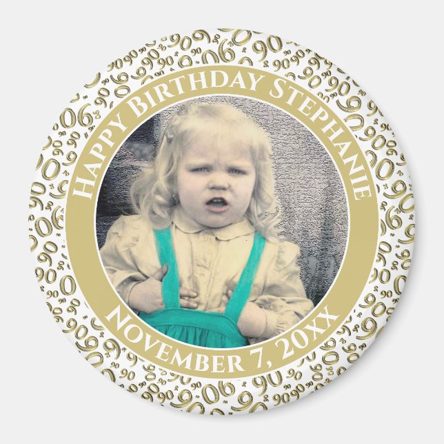 Your Photo 90th Birthday Pattern | Gold/White Magnet (Front)