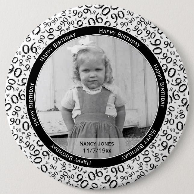 Your Photo 90th Number Pattern Black/White 6 Cm Round Badge (Front)