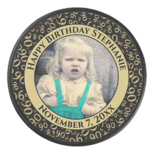 Your Photo 90th Random Number Pattern Black/Gold Hockey Puck