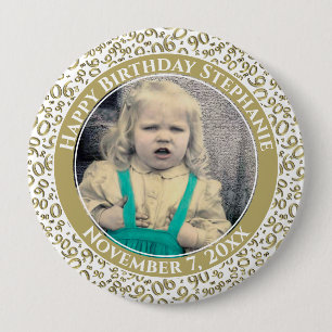 Your Photo 90th Random Number Pattern Gold/White 10 Cm Round Badge