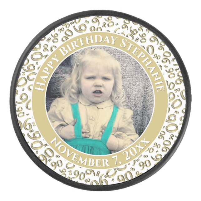 Your Photo 90th Random Number Pattern Gold/White Hockey Puck (Front)