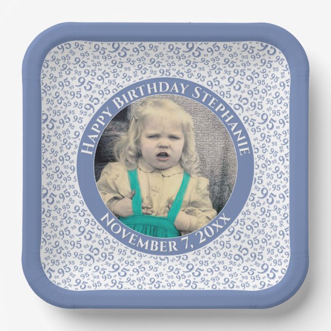 Your Photo 95 Random Number Pattern Blue/White Paper Plate (Front)