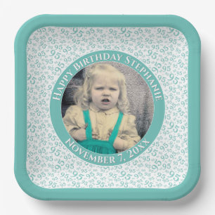 Your Photo 95 Random Number Pattern Teal/White Paper Plate