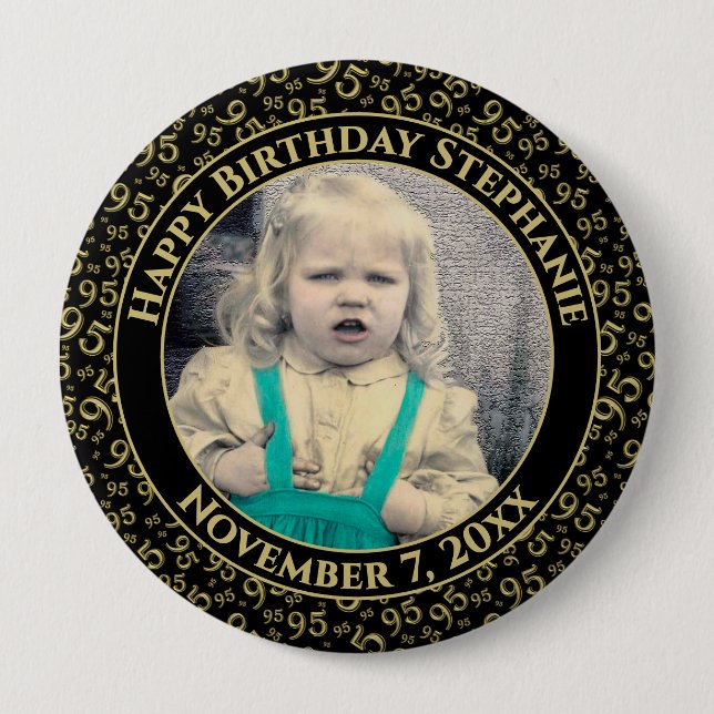 Your Photo 95th Random Number Pattern Black/Gold 10 Cm Round Badge (Front)
