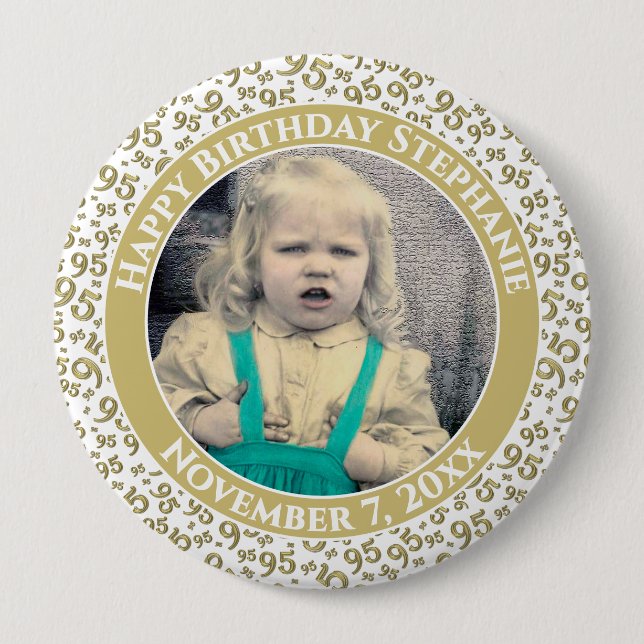 Your Photo 95th Random Number Pattern Gold/White 10 Cm Round Badge (Front)