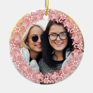 YOUR PHOTO and custom text in Flower Wreath Frame Ceramic Tree Decoration