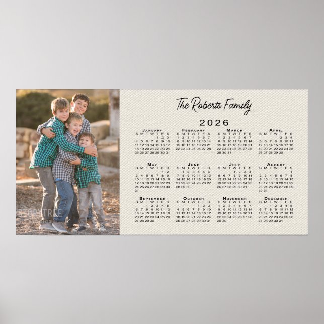 Your Photo and Name 2026 Calendar Faux Canvas Poster (Front)