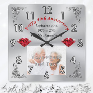 Your PHOTO and TEXT 40th Anniversary Gifts Square Wall Clock
