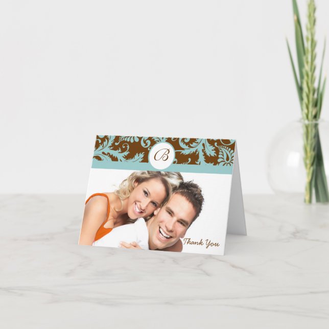 Your Photo Aqua & Brown Damask Wedding Thank You (Front)