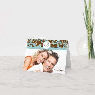 Your Photo Aqua & Brown Damask Wedding Thank You Card