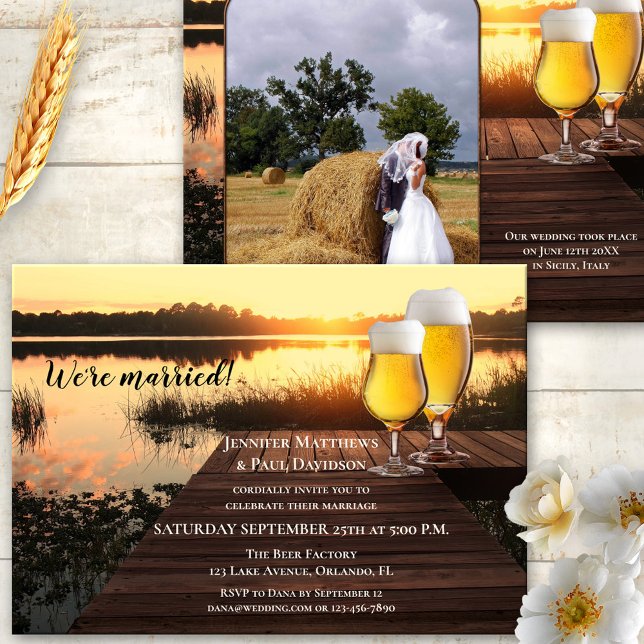 Your Photo Beer Themed Wedding Reception Invitation (Elopement or wedding reception only invitation with two beer glasses on a dark wood jetty at sunset)