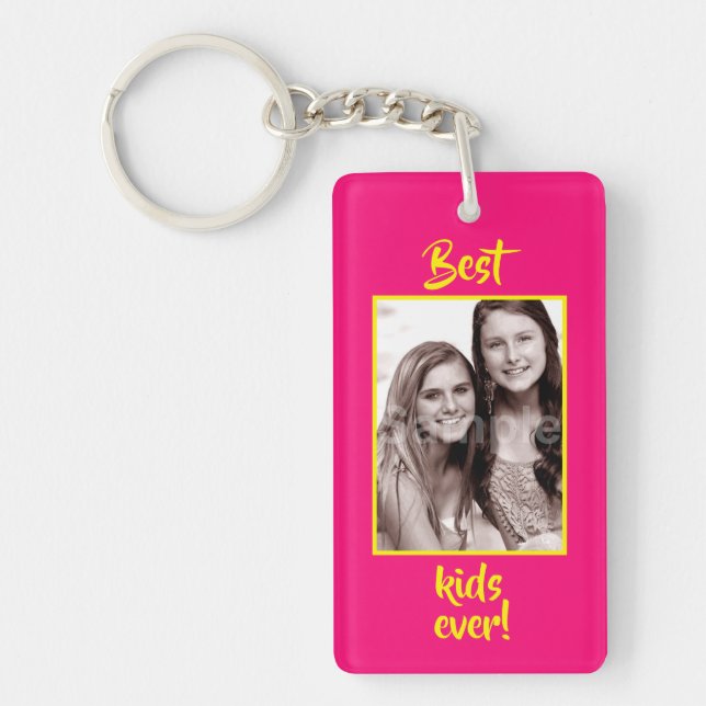 Your Photo Best Kids Ever Pink and Yellow Key Ring (Front)