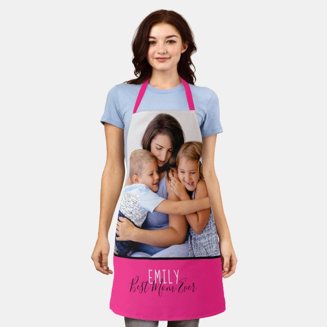 Your Photo Best Mum Ever Name Pink Apron (Worn)