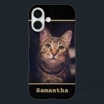 Your Photo Black and Gold LOVE Modern Elegant iPhone 16 Case<br><div class="desc">Add elegant modern style to your Samsung Galaxy S9 cell phone with a stylish custom photo case. The black and gold design features your picture, a trendy typewriter style "LOVE" and personalised name framing your custom picture. Text and image are all simple to customise or delete if preferred. Perfect to...</div>