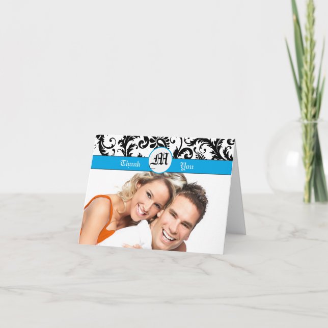 Your Photo Black Damask Aqua Borders Thank You (Front)