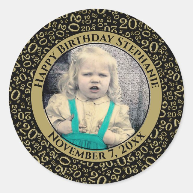 Your Photo Black/Gold 20 Random Number Pattern  Classic Round Sticker (Front)
