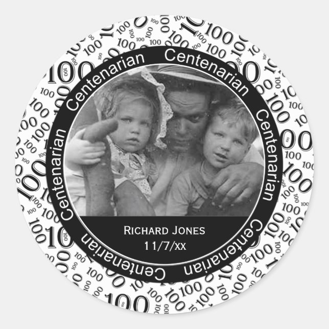 Your Photo - Black/White Centenarian Commemorative Classic Round Sticker (Front)