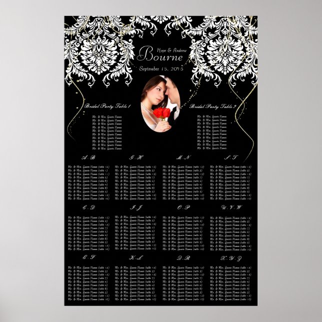 Your Photo Black & White Damask Gold Seating Chart (Front)