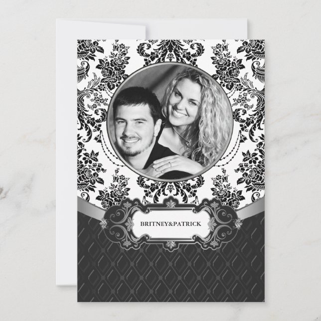 Your Photo Black White Damask Wedding Invitations (Front)