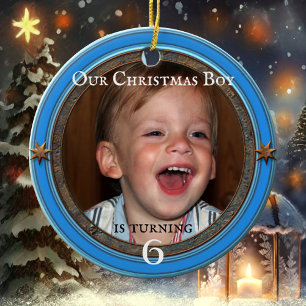 Your Photo Blue Kids Birthday Christmas Ceramic Tree Decoration