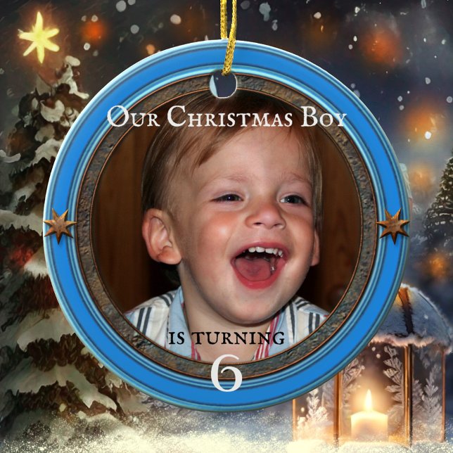 Your Photo Blue Kids Birthday Christmas Ceramic Tree Decoration (Christmas birthday child photo metallic blue holiday ornament)