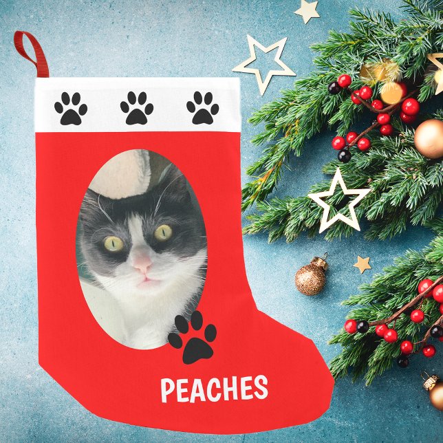 Your Photo Cat Christmas Stocking with Pawprints (Creator Uploaded)