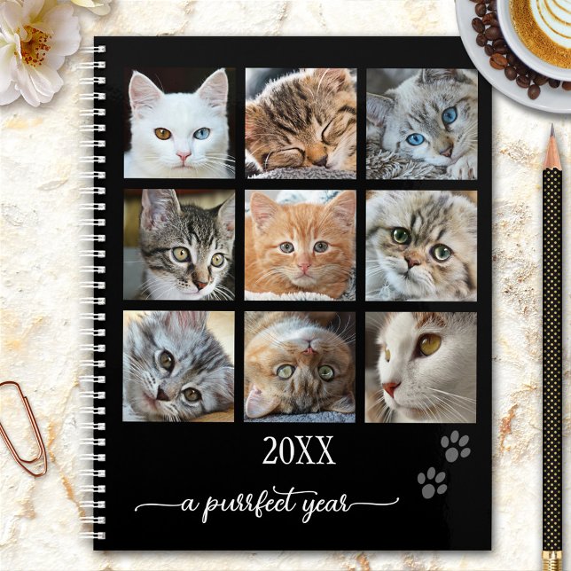 Your Photo Collage Cute Cat Planner (Planner featuring your custom (cat) photos framed by a simple black design with cute paw prints )